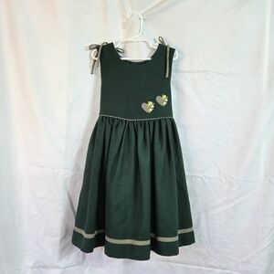 Pamela Chicas Girls Green Sleeveless Heart Gingham Accent Wool Dress 5 Vtg Spain